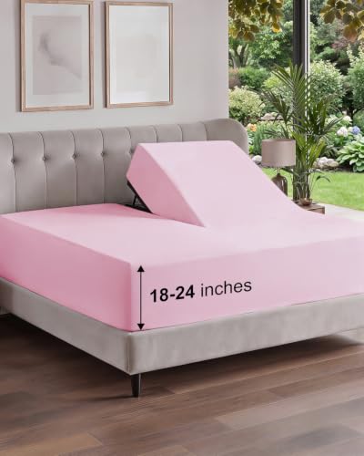 Image of Extra Deep Flex Top Split Head King Fitted Sheet - Hotel Luxury Single Fitted Sheet Only - Easily Fits 18 inch to 24 inch Mattress - Ultra Soft, Wrinkle Free w /Extra Deep Pockets - Light Pink