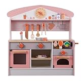 Warmiehomy Kids Kitchen Wooden Toys Kitchen Pink Pretend Role Play Kitchen with Realistic Barbecue, Toddlers Cooking Utensils, Cabinets Some Toy Kitchen Accessories Children's Play Kitchen Set