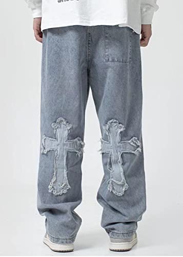 ORANDESIGNE Baggy Jeans Bedruckt Herren Men Hip Hop Baggy Jeanshose Teenager Jungen Bein Jeans Skateboard Hose Streetwear ZD Blau XS