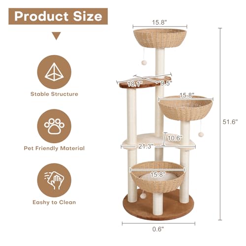 Torre para gatos Lucky Monet Boho de 51 pulgadas con 3 camas y postes de sisal miniatura 5