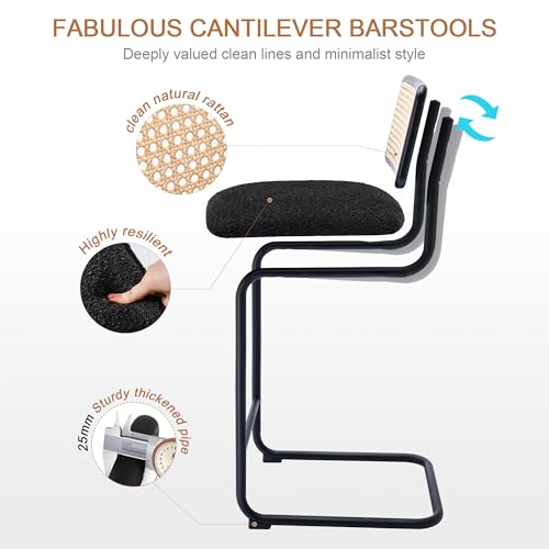 Image of Zesthouse Natural Rattan Counter Stools Set of 4, 26'' Mid Century Modern Counter Height Barstools with Solid Wood Back & Cane Mesh, Upholstered Black Boucle Bar Stools for Kitchen Island, Chrome Base