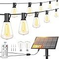 Stright Solar String Lights for Outside 120FT with Remote Control 8 Light Modes, Weatherproof Shatterproof ST38 LED Bulb 30 Sockets for Backyard Porch Cafe, Large Solar Panel