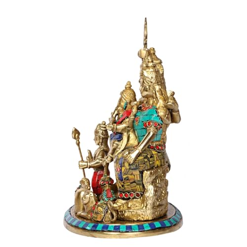 Image of Kartique Brass Shiv Parivar Statue with Multicolored Stonework, 9-Inch Tall, Ideal for Home Decor and Pooja Rooms, Beautifully Crafted Shiva Family Idol