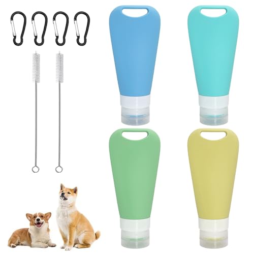 Vuemhjaey 4 stück wiederverwendbare futtertube zum befüllen hund 90 ml für leckerli hund, leberwurst hunde tube, reiseflaschen zum befüllen mit karabiner und reagenzglasbürste