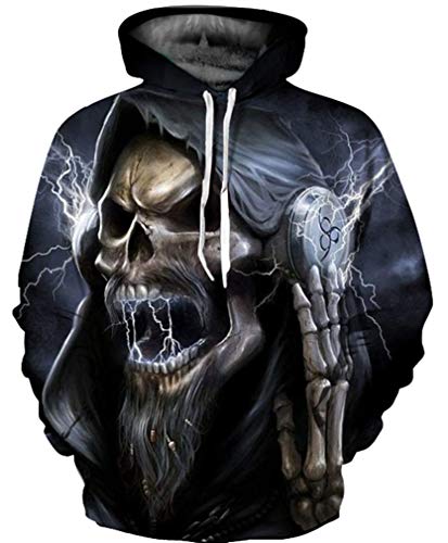 GLUDEAR Men's 3D Printed Hoodie Novelty Skull Sweatshirt Pullover Hoodies,Halloween Grim Reaper,L/XL