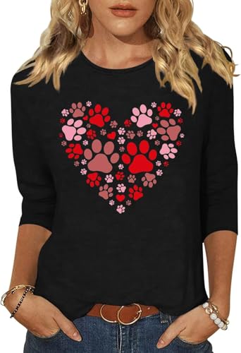 Image of Women's Valentine 3 /4 Sleeve Round Neck Shirt Funny Love Heart Graphic Tee Casual Couple Top Blouse