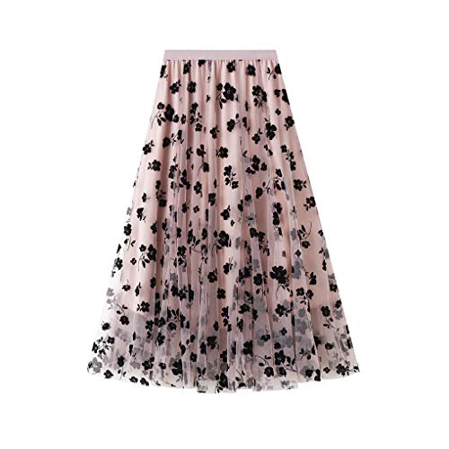 Womens Tulle Tutu Skirt Elastic High Waist Layered Skirt Floral Print Mesh Pleated Swing A-Line Midi Mini Skirt Dresses