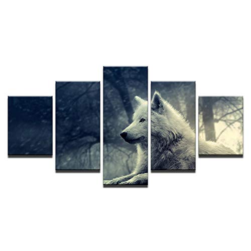 Tableau loup blanc 5 pièces pour transformer un mur vide en galerie