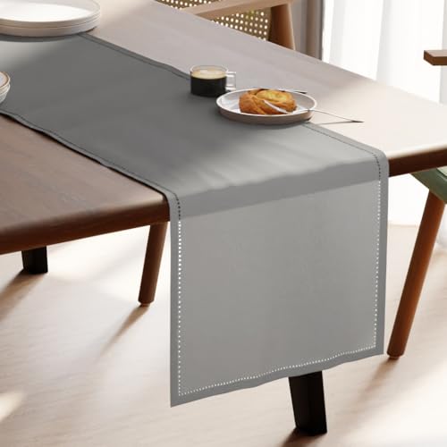 Image of Encasa XO Cotton Table Runner for 4 Seater, Hemstitched Grey