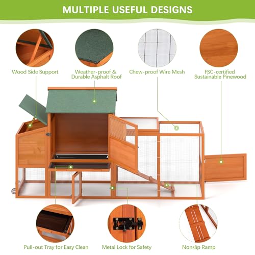 Image of COZIWOW 82 inch Large Wooden Chicken Coop, Outdoor Rabbit Hutch with Wheels, Sunshine Board, Asphalt Roof, Ramp, Openable Top, Door, Window, Pull-Out Tray, Indoor Bunny Cage (Orange with Pattern)