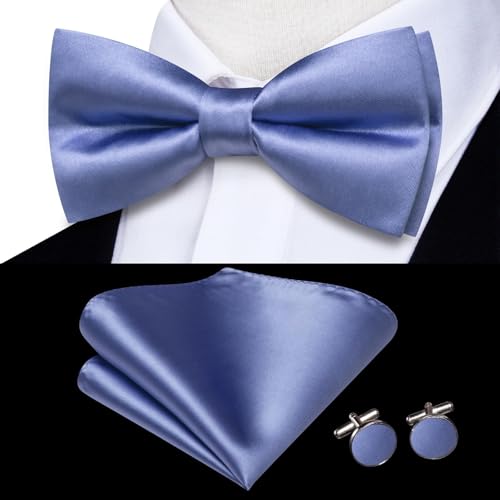 Image of Hi-Tie 5Pcs Mens Solid Color Silk Tie Satin Pretied Bowtie Lapel Pin for Men Handkerchief Cufflink Wedding Gift Box