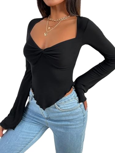 Avanova Women's Long Sleeve Square Neck Crop Top Twist Front Asymmetrical Shirt4