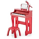 costway pianoforte elettrico per bambini con 37 tasti, strumento musicale elettronico con microfono regolabile, supporto per spartiti rimovibile e sgabello abbinato, per bambini di 3+ anni (rosso)