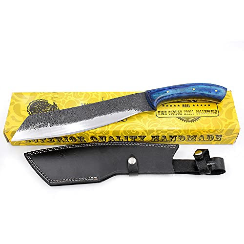 Wild Turkey Handmade Collection 17” Fixed Blade Bushcraft Hunting Knife w/Leather Sheath (Blue)