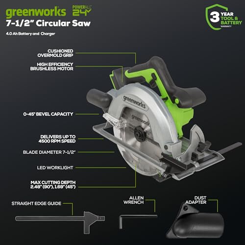 Image of Greenworks 24V 7-1 /4'' Circular Saw Brushless Cordless, with 4Ah Battery and 2A Charger
