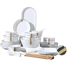 Top Porcelain China Dinnerware Set,Stoneware&Ceramic Dinnerware Sets,Ceramic Cookware Tableware Set Includes Dinner China Plates|Chinese Spoons|Pasta Bowls|Soup Pot|Chopsticks 46PCS * 10-Person Set