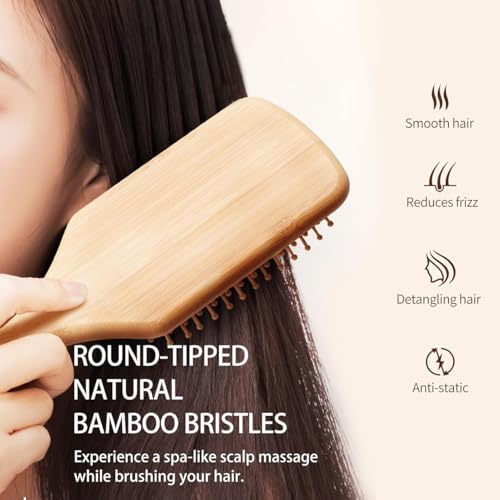 Image of Lyrovo Bamboo Hair Brush for Hair Growth, Natural Bamboo Bristles Detangling Wooden Paddle Hairbrush for Massaging Scalp (Yellow, 24x8cm)