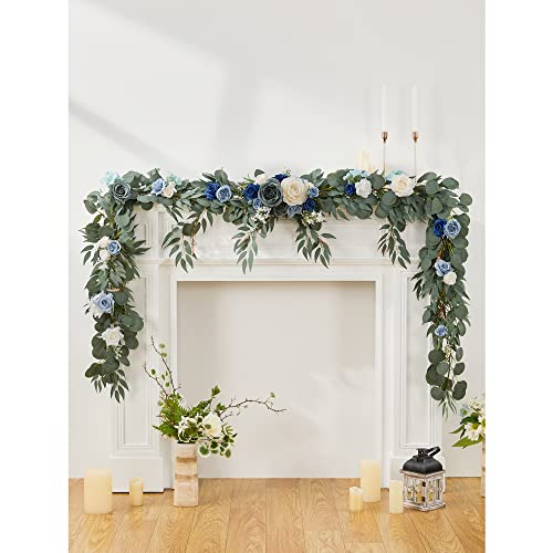 Onlybloom 9Ft Eucalyptus Garland With Flowers, Artificial Flowers Garland Table Runner Decor Arch Backdrop Head Table Decorations For Wedding Sweetheart Table Centerpieces（Azure & Navy Blue） #TOP1