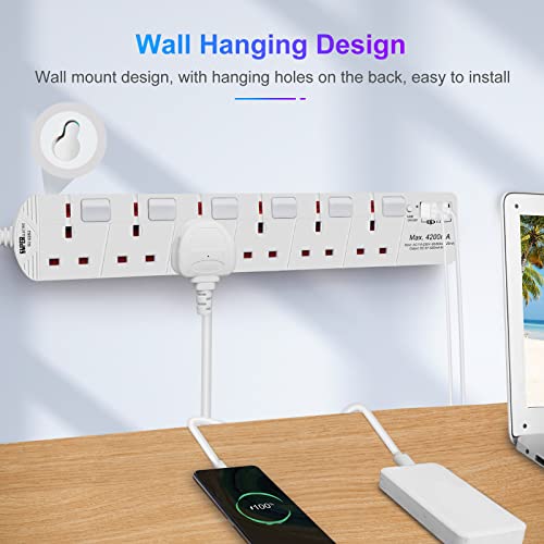 SE UKASE Extension Lead with USB Slots(5V/5A), 6 Way Plug Sockets with Individual Switches USB and Type C - Image 2