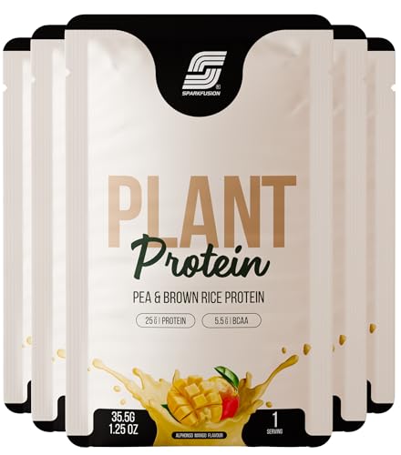 Image of Sparkfusion Plant Protein Powder Isolated Pea & Brown Rice Protein | 25g Protein per Sachet | 5.5g BCAA | Vegan, Gluten Free & Sugar Free | Alphonso Mango Flavour | Pack of 10 Sachets