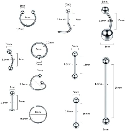 Oveta 55PCS Piercing Kit 14G 16G 20G Stainless Steel Navel Belly Eyebrow Piercing Tongue Industrial Barbell Lip Nostril Nose Ring Hoop Professional Piercing Kits