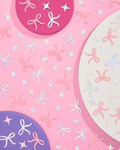 Image of xo, Fetti Bow Confetti - 200 pc | Bachelorette Party Pink and Iridescent, Engagement Party Decoration, Tying the Knot Table Decor, Bride To Be Coquette Ribbon Bridal Shower Supplies (Pack of 3)