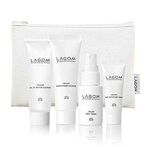 LAGOM Travel Kit Natural Herbal Vegan Compact Facial Skin Care Package Set, Cellup Gel to Water Cleanser 30ml, Cellup Micro Foam Cleanser 30ml, Cellus Mist Toner 20ml, Cellus Deep Moisture Cream 8ml