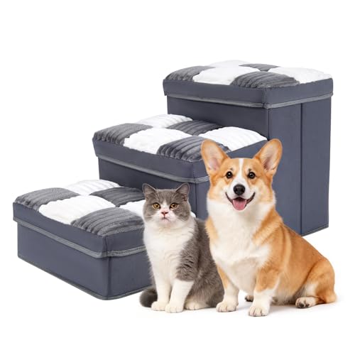 15.4''Dog Stair with Storage, Foldable Dog Steps for Bed with Soft Cover, Lightweight,3-Step Pet Stairs up to 200LBS, Non-Slip Puppy Stairs for Small Medium Dogs Puppy, Cats(Grey)