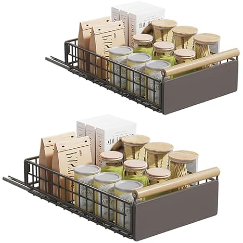 Homics 2 Packs Pull Out Cabinet Organizers, 9.4" Wide Slide Out Basket Drawers Adhesive Organization and Storage for Kitchen Cabinet, Pantry, Bathroom and Under Sink, No Screws Cover