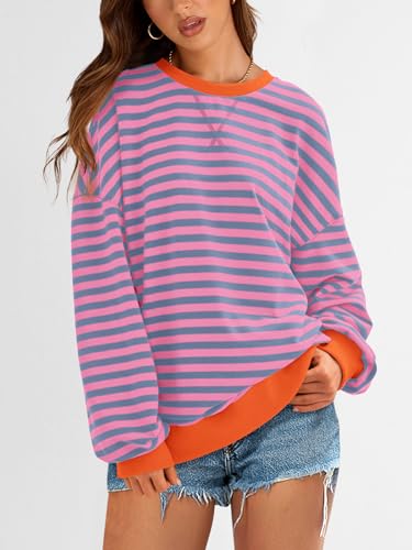 Image of PRETTYGARDEN Womens Striped Oversized Sweatshirt Color Block Crew Neck Long Sleeve Casual Loose Pullover Top Y2K Clothes