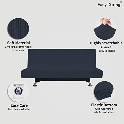Image of Easy-Going Stretch Large Futon Slipcover Armless Futon Cover Dark Blue | Sofa Bed Furniture Protector Without Armrests with Elastic Bottom for Kids, Soft Jacquard Machine Washable