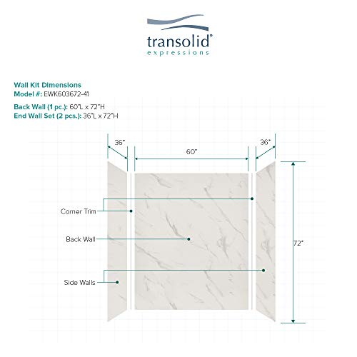 Transolid EWK603672-41 Expressions 3-Panel Shower Wall Kit, 36-in L x 60-in W x 72-in H, Bianca - Thumbnail 4