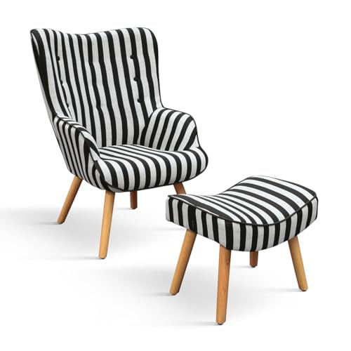 PAZZO DESIGN Fauteuil Umbertino, Ensemble De 1, Blanc Noir, Tissu, Détente, Lecture, Confortable, Pieds Bois, Avec Repose-pieds - id_2124