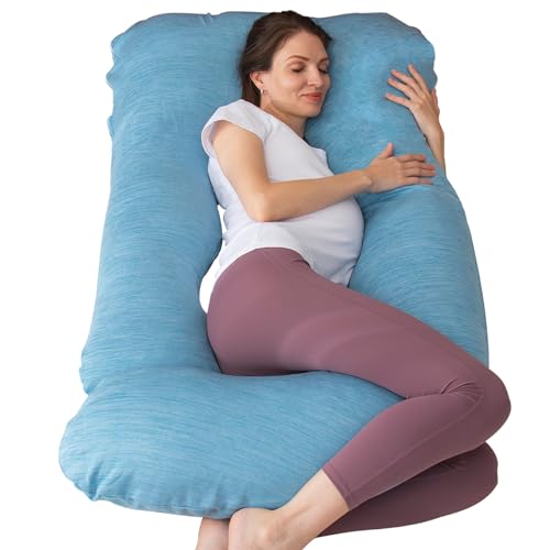 MOON PINE Pregnancy Pillow, U Shaped Full Body Pillow for Maternity Support, Sleeping Pillow with Cover for Pregnant Women (Light Blue)