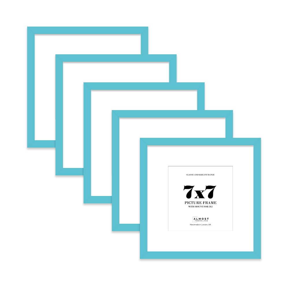 7x7 Turquoise Picture Frame with Mount for 5x5 Photos, Prints - Modern Square Wall Frame, Set of 5