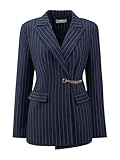 Hobemty Women's Striped Blazers Lapel Collar Chain Decor Long Sleeve Work Office Jackets X-Large Navy Blue