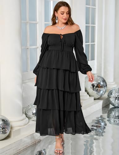 Image of EYWOL Womens Plus Size Floral Tiered Ruffle Long Sleeve Evening Party Wedding Guest Dress