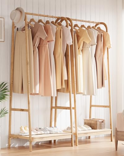 Clothing Rack with Storage Shelf, Bamboo Freestanding Garment Rack for Bedroom, Balcony, Clothes Store, Clothing Storage Organizer, Heavy Duty Clothes Rack for Hanging Clothes, Coats, Skirts, Shoes
