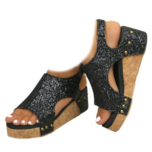 Whimsyard Sandalias ortopédicas de cuña de cuero para mujer, sandalias de cuña de plataforma ancha, sandalias de cuña de verano con punta abierta para mujer, Lentejuelas negras, 39 EU Large
