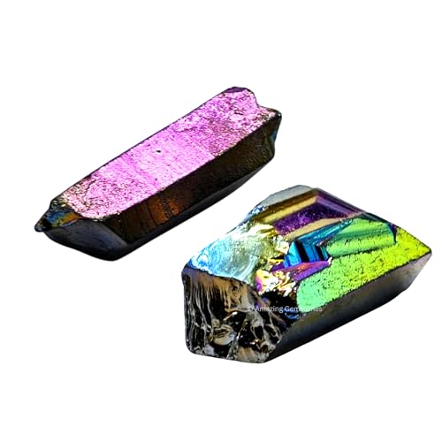 Image of Amazing Gemstone 2 Pieces Titanium Aura Quartz Raw Pencil Points Crystals and Healing Stones, Natural Rocks for Meditation and DIY Raw Point Stones and Crystals