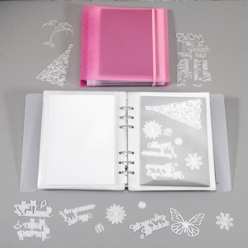 Image of UNIMEIX 24 Pcs Magnetic Sheets for Die Storage with Transparent and Pink Binder Covers, Stamp and Die Storage Pockets Storage for Card Making Supplies(0.8 mm Thickness)