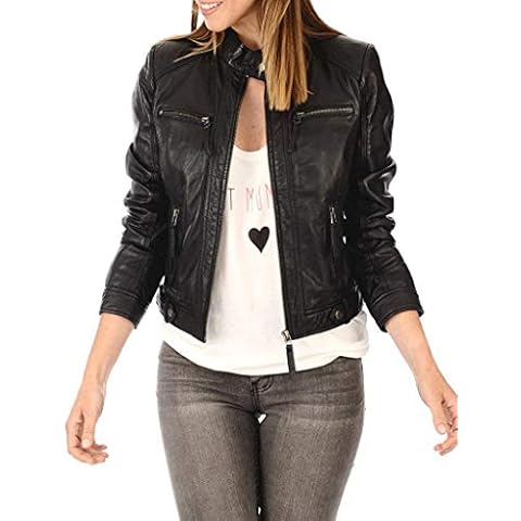LEATHER FARM Women's Lambskin Leather Bomber Biker Jacket (Medium, Black-1) Cover