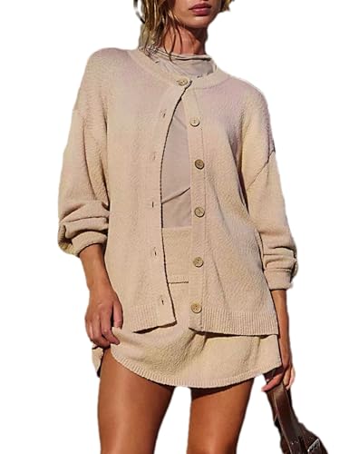 Image of Bozanly Two Piece Sweater Skirt Set for Women Crew Neck Long Sleeve Button Down Sweater A-line Knit Skirts