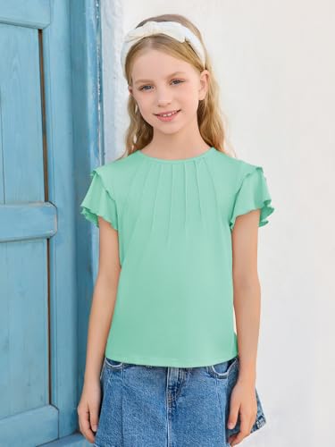Image of Haloumoning Girls Pleated Ruffle Short Sleeve Shirts Kids Summer Crewneck T-Shirts Fashion Tops Tees 5-14 Years