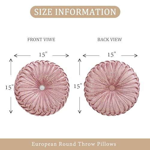 Image of EUCIOR Round Throw Pillows,Blush Pink and Gold Throw Pillow,Soft Spandex Fabric,Pumpkin Pleated Handmade Pink Round Velvet Decorative Pillow for Sofa Bedroom Livingroom