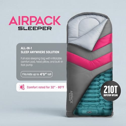 Bolsa de dormir para niños con colchoneta incorporada y bomba de pie integrada (hasta 4'6") colchón inflable todo en uno para pijamadas, camping y viajes (gris/rosa) miniatura 3