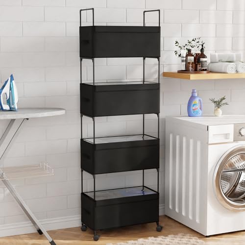 Image of Lukzer 4-Tier Clothes Organizer Basket with Wheels | Fabric Closet Storage Rack for Folded Clothes | Metal Rolling Wardrobe Shelf for Bedroom Closet & Laundry Room (Black /28x57x180 cm)