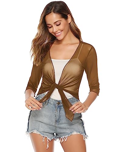 Image of Aiboria Womens 3 /4 Sleeve Shrug Sheer Mesh Bolero Tie Front Cropped Cardigan S-XXL