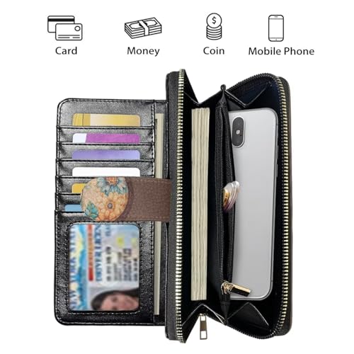 Image of COEQINE Ladies Wallets Pink Leopard Heart Black Printed Leather Phone Long Clutch Purses Check Coin Change Holder