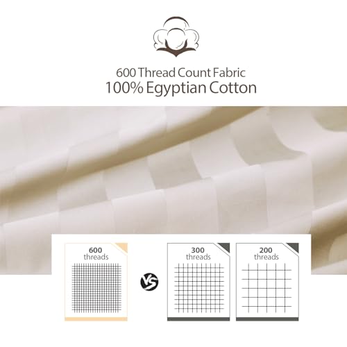 Image of 100% Egyptian Cotton Pillow Protectors Set of 4, 600 Thread Count King Size Bed Pillow Cases with Zipper, Sateen Weave Cooling Pillow Cases Quiet and Breathable Easy Care (4PCS, Stripe-Beige)